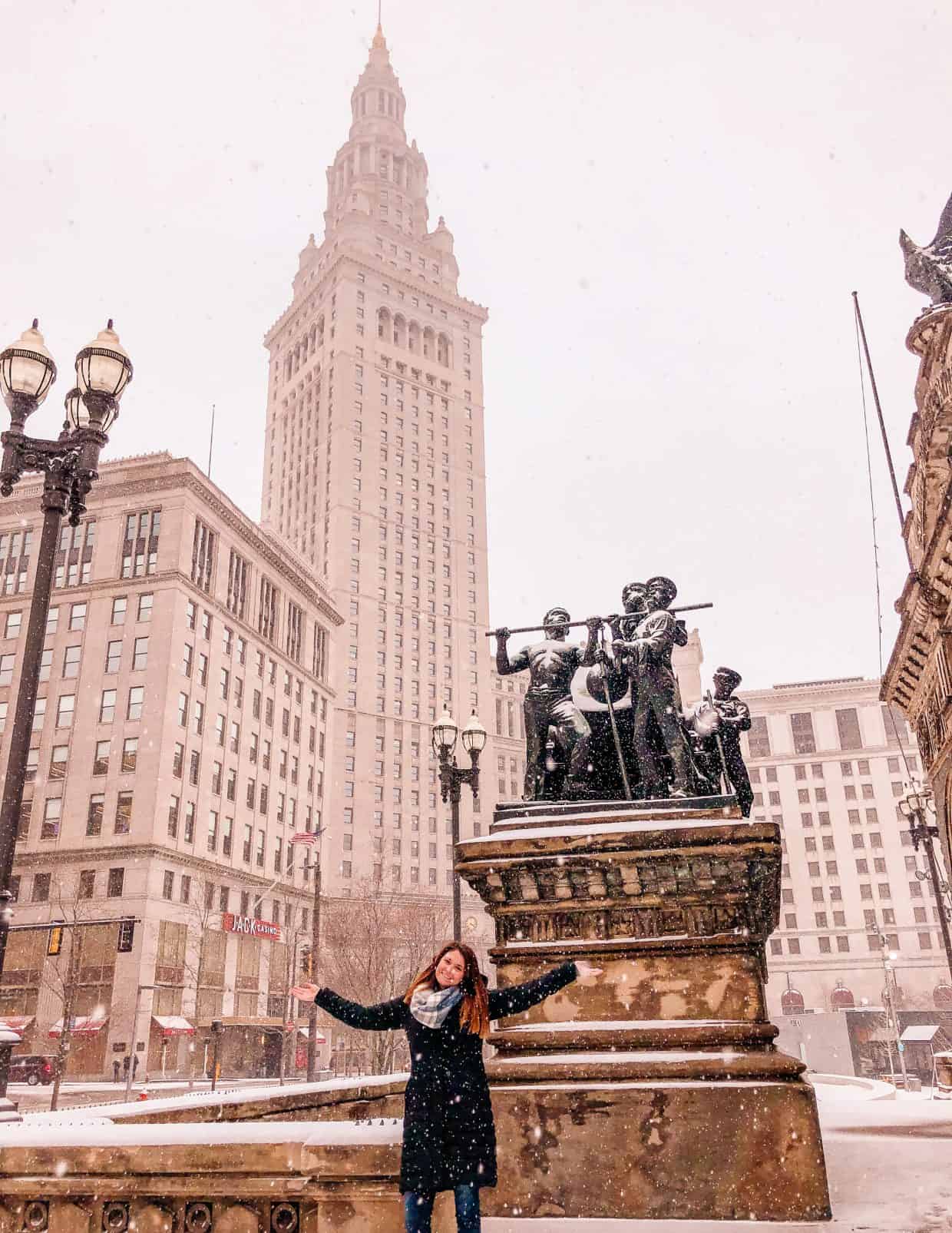 public square, snowy tower city