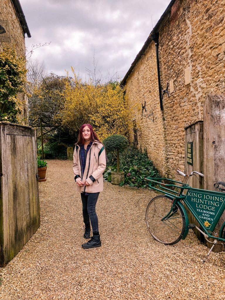 King John's Hunting Lodge, Bike, Pink Hair, Lacock, Wiltshire, Cotswolds, UK, National Trust, England, English Countryside