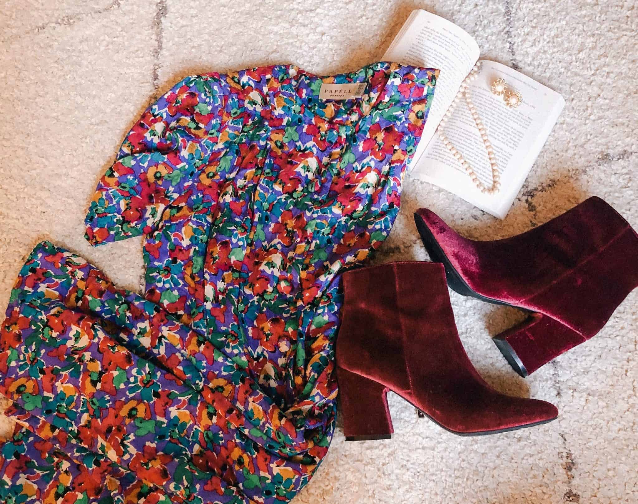 Thrifting Finds! Vintage Floral Dress and velvet booties!