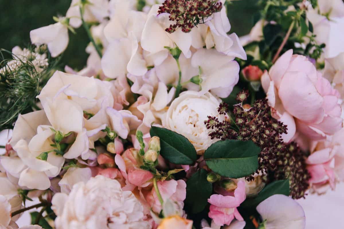 Floral bouquet with David Austen roses and sweet peas